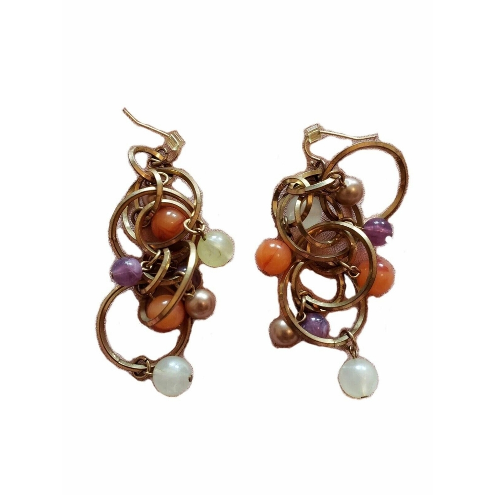 AVON Vtg 90’s Gold Mint Lilac Amber Stone Bauble Link Ring Dangle Drop Earrings